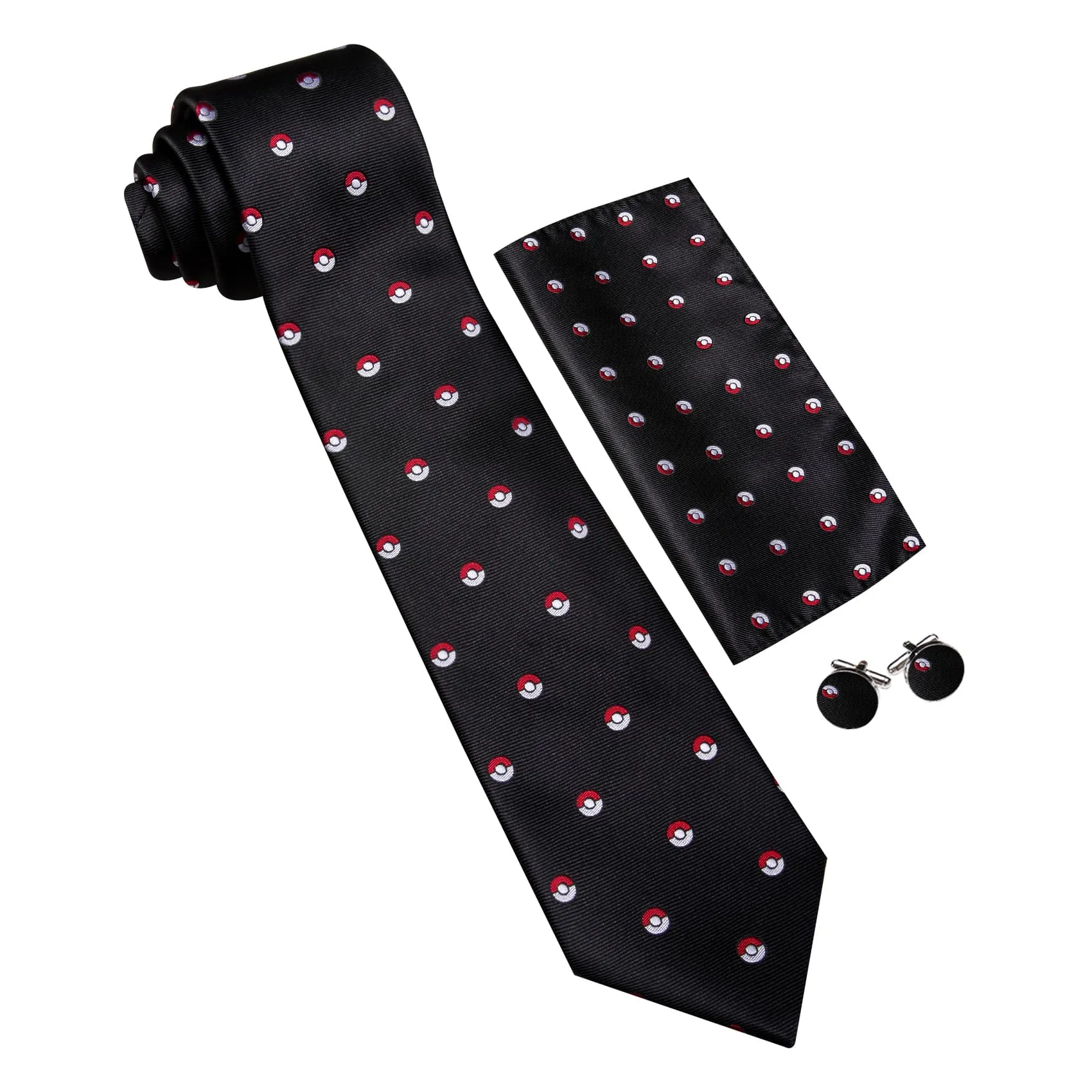 Barry Wang Black Tie Pokemon Pattern Novelty Necktie Set for Men