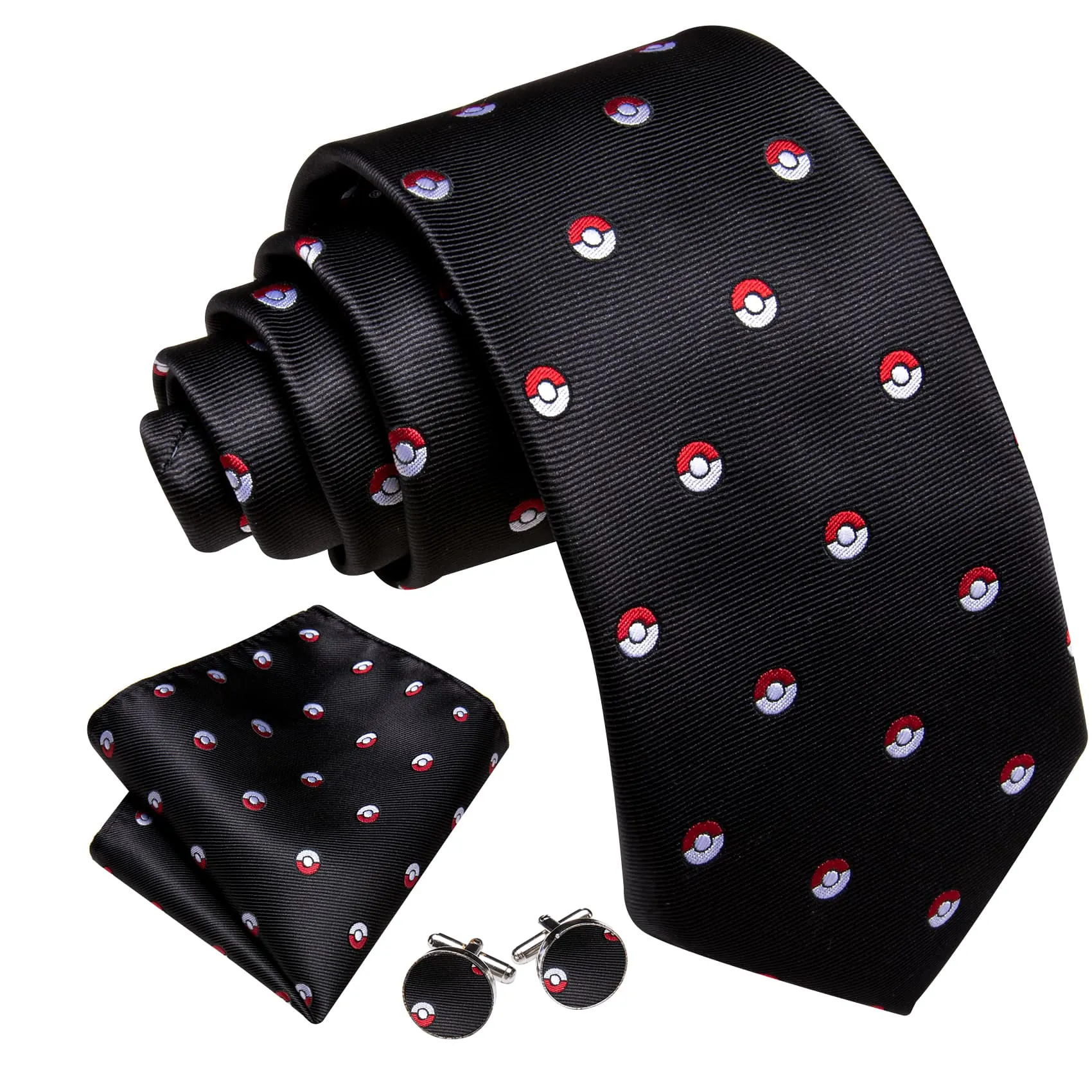 Barry Wang Black Tie Pokemon Pattern Novelty Necktie Set for Men