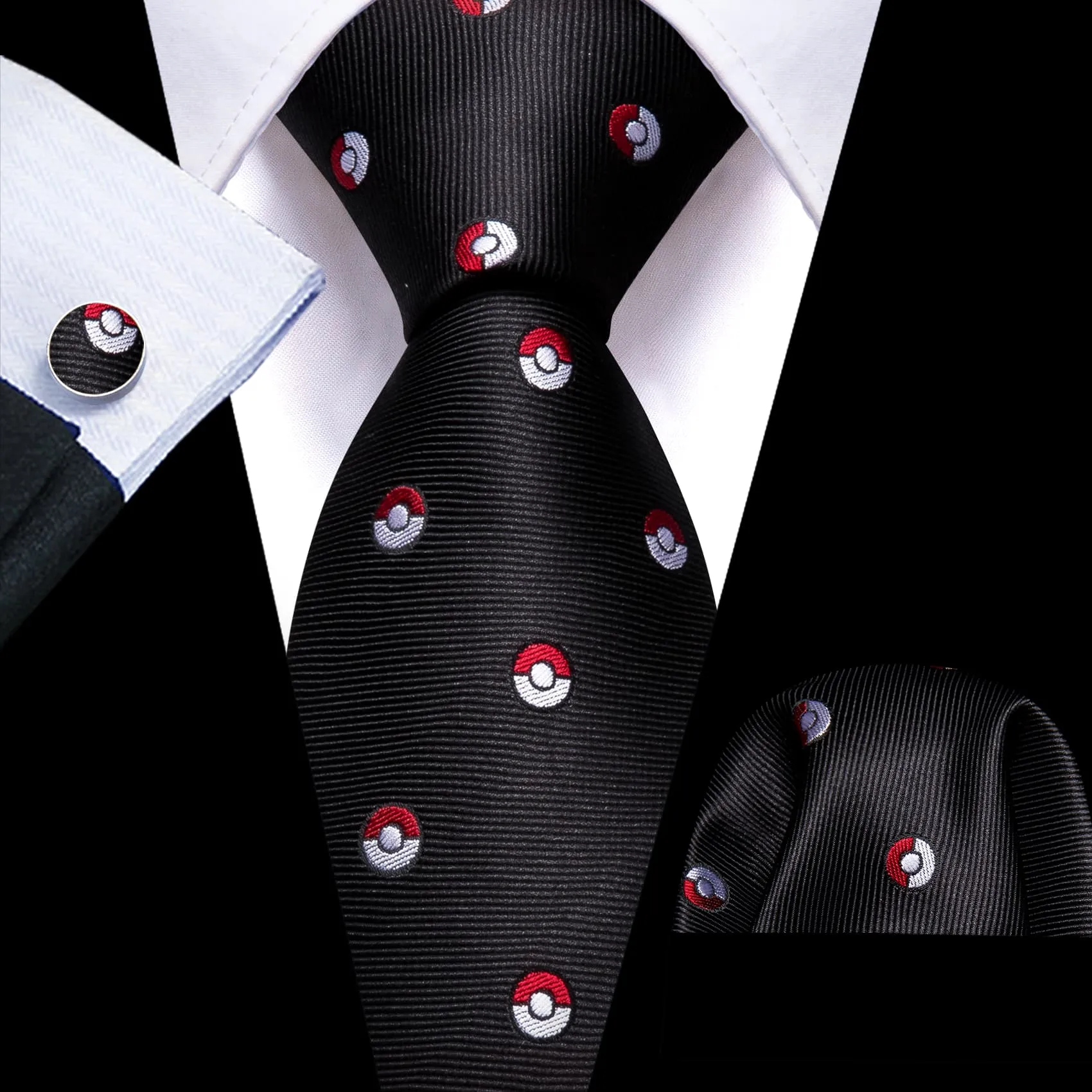 Barry Wang Black Tie Pokemon Pattern Novelty Necktie Set for Men
