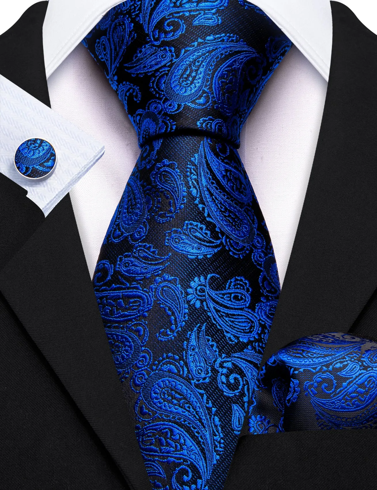 Barry Wang Blue Paisley Tie 63" Extra Long Ties Hanky Cufflinks Set