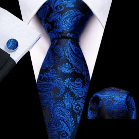 Barry Wang Blue Paisley Tie 63" Extra Long Ties Hanky Cufflinks Set