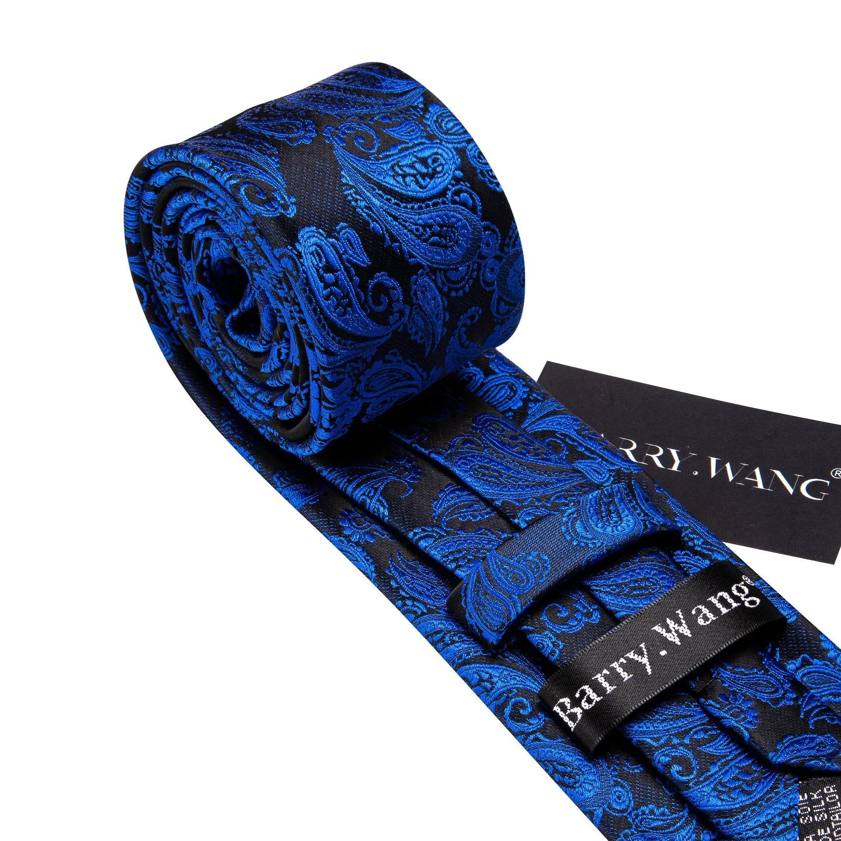 Barry Wang Blue Paisley Tie 63" Extra Long Ties Hanky Cufflinks Set