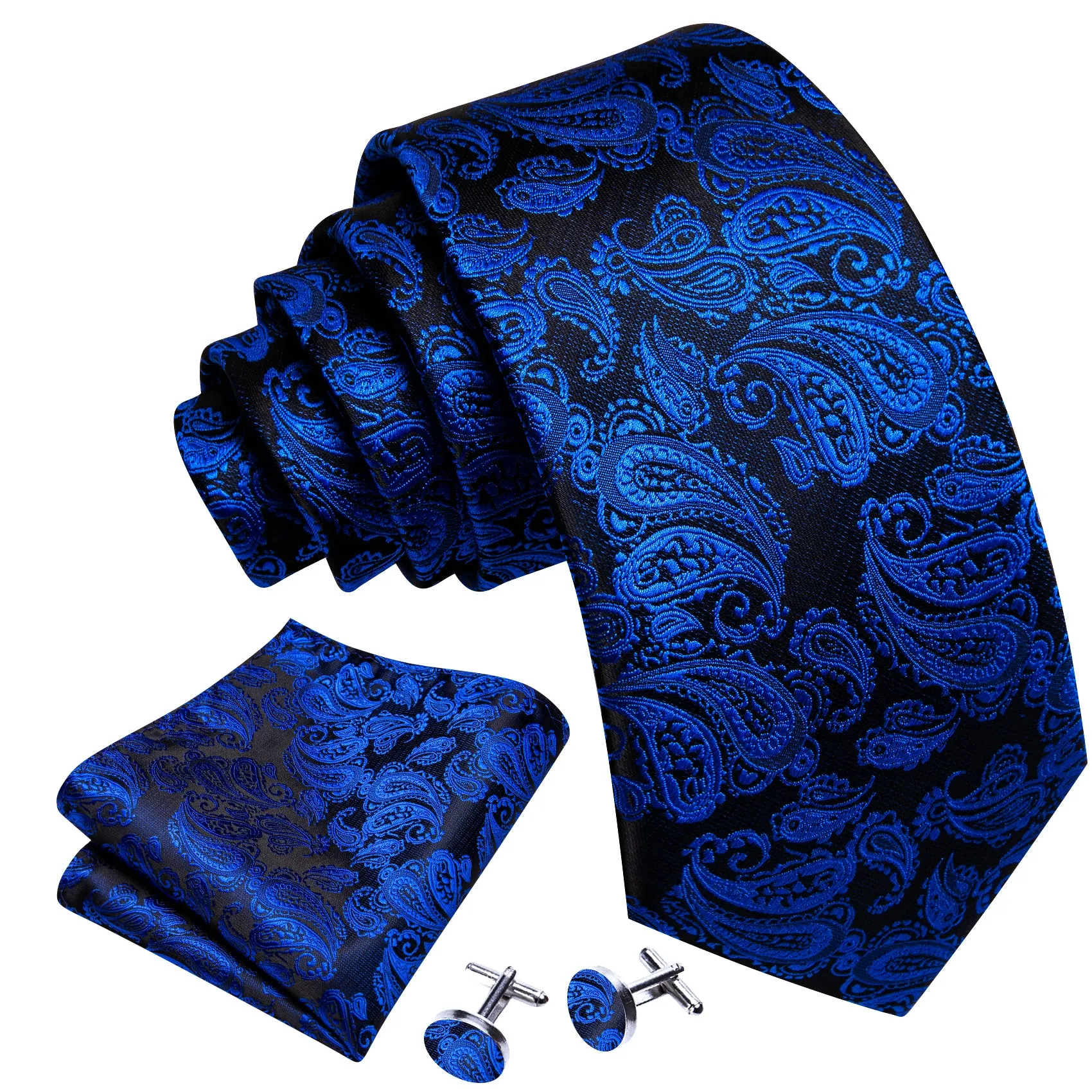 Barry Wang Blue Paisley Tie 63" Extra Long Ties Hanky Cufflinks Set