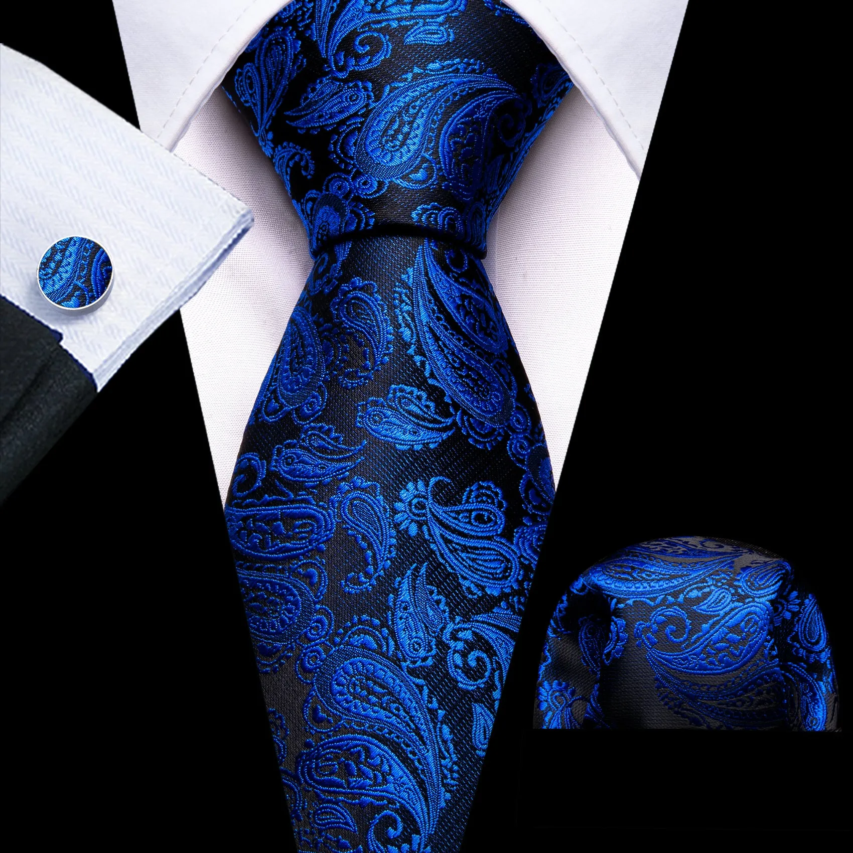 Barry Wang Blue Paisley Tie 63" Extra Long Ties Hanky Cufflinks Set