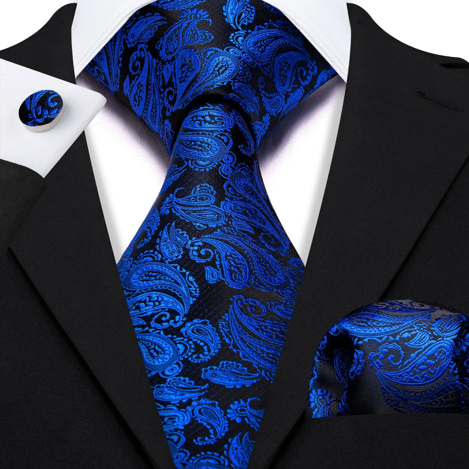 Barry Wang Blue Paisley Tie 63" Extra Long Ties Hanky Cufflinks Set