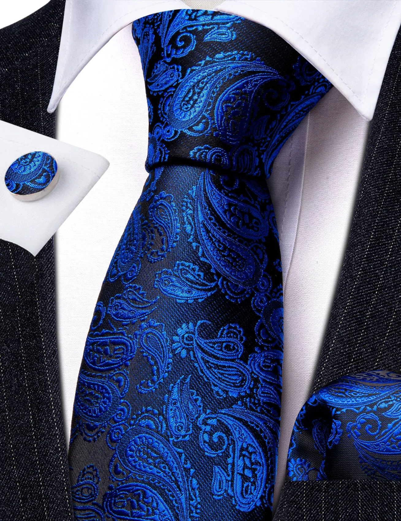 Barry Wang Blue Paisley Tie 63" Extra Long Ties Hanky Cufflinks Set