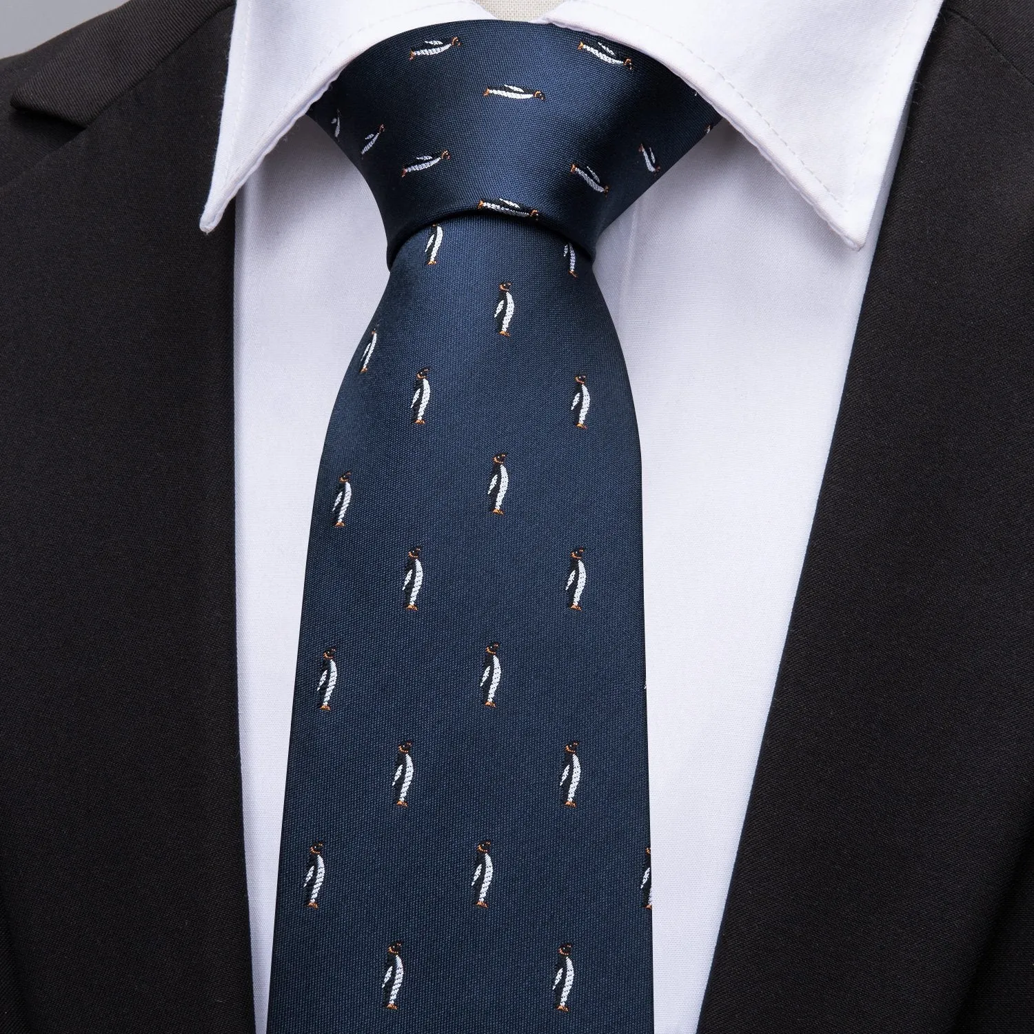 Barry Wang Blue Tie Penguin Novelty Silk Men's Tie Hanky Cufflinks Set