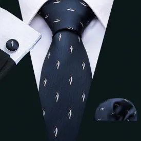Barry Wang Blue Tie Penguin Novelty Silk Men's Tie Hanky Cufflinks Set
