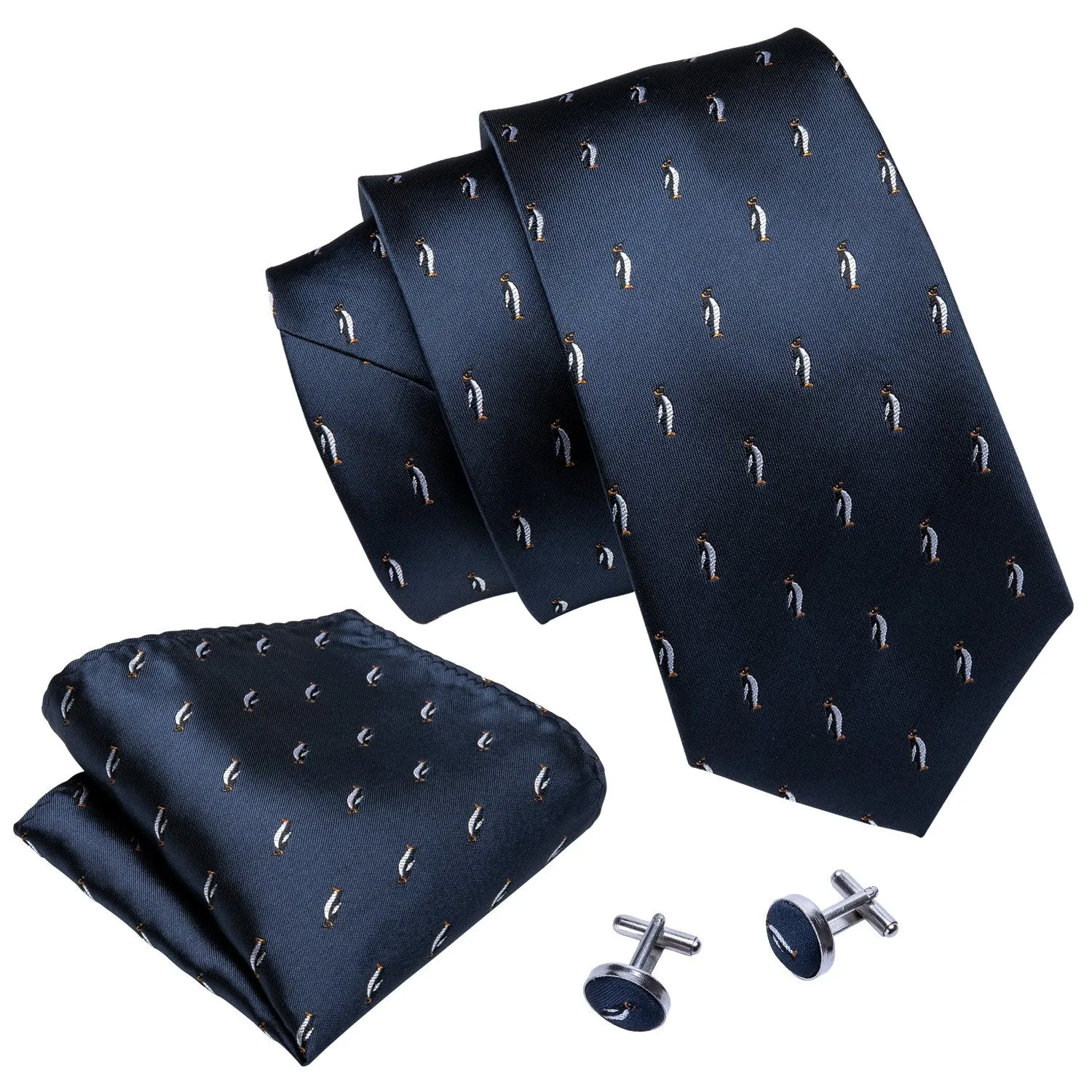 Barry Wang Blue Tie Penguin Novelty Silk Men's Tie Hanky Cufflinks Set