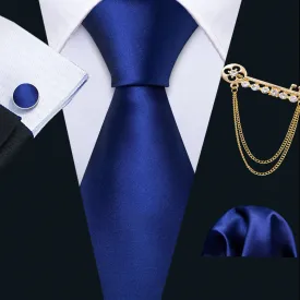 Barry Wang Blue Tie Sapphire Solid Men's Silk Tie Set with Lapel Pin Brooch