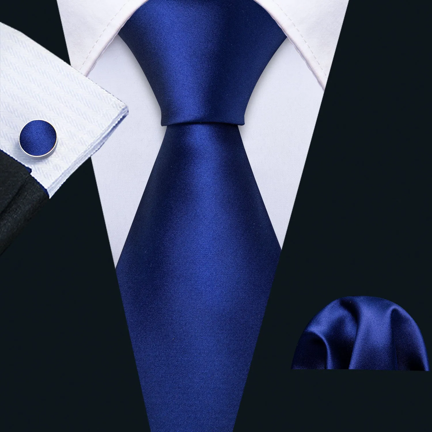 Barry Wang Blue Tie Sapphire Solid Men's Silk Tie Set with Lapel Pin Brooch