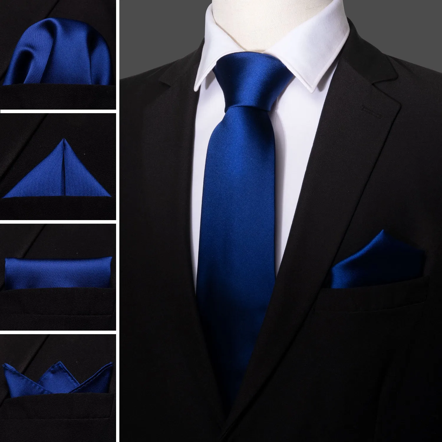 Barry Wang Blue Tie Sapphire Solid Men's Silk Tie Set with Lapel Pin Brooch