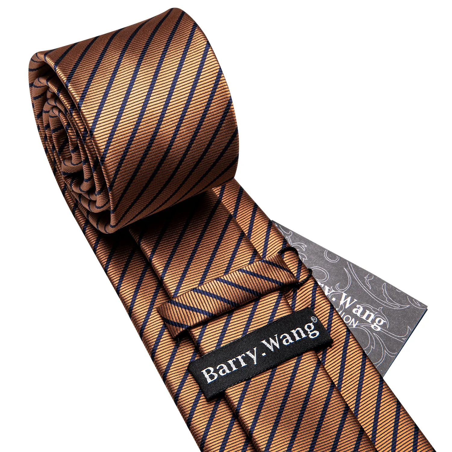 Barry Wang Brown Stripe Men's Tie Alloy Lapel Pin Brooch Silk Tie Set