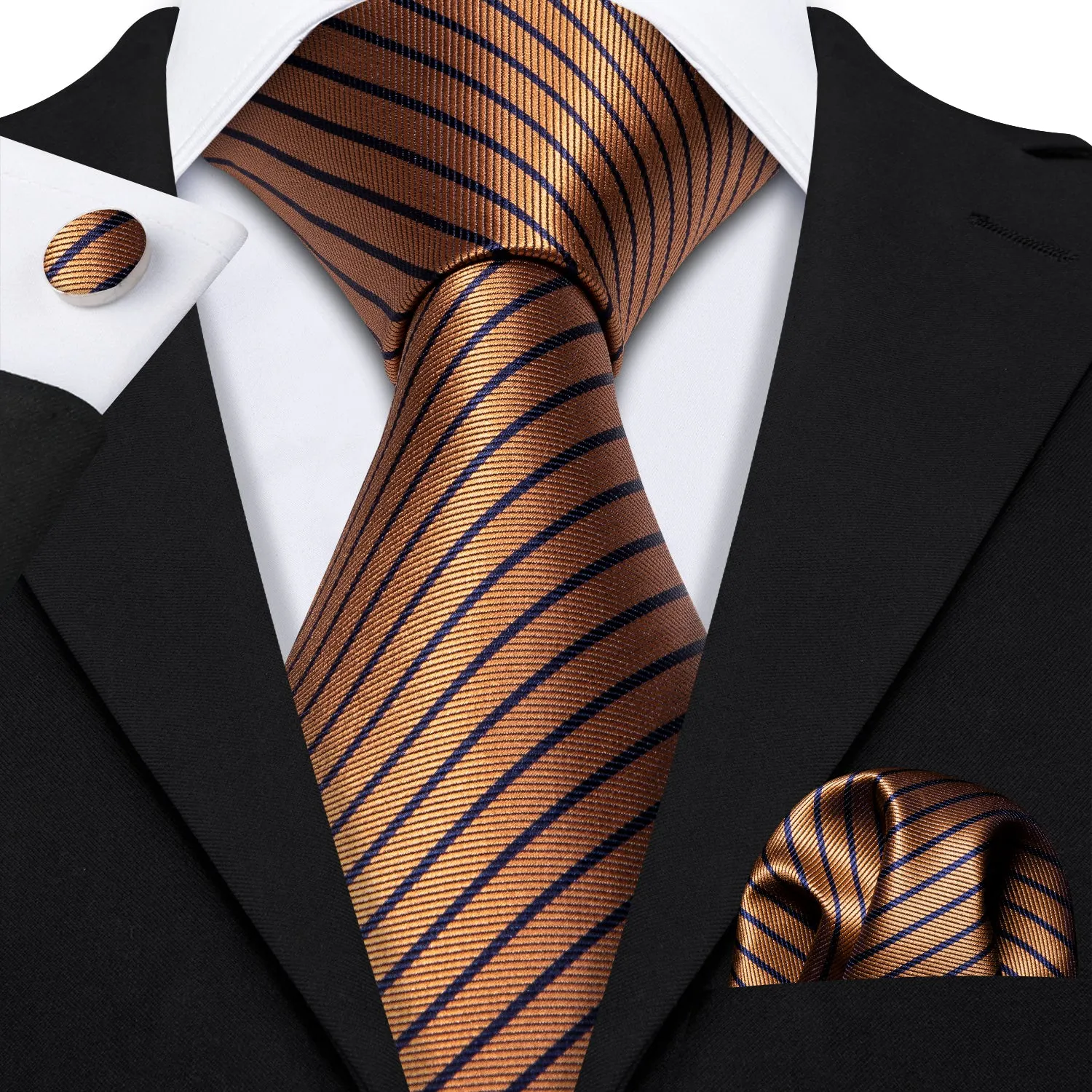 Barry Wang Brown Stripe Men's Tie Alloy Lapel Pin Brooch Silk Tie Set