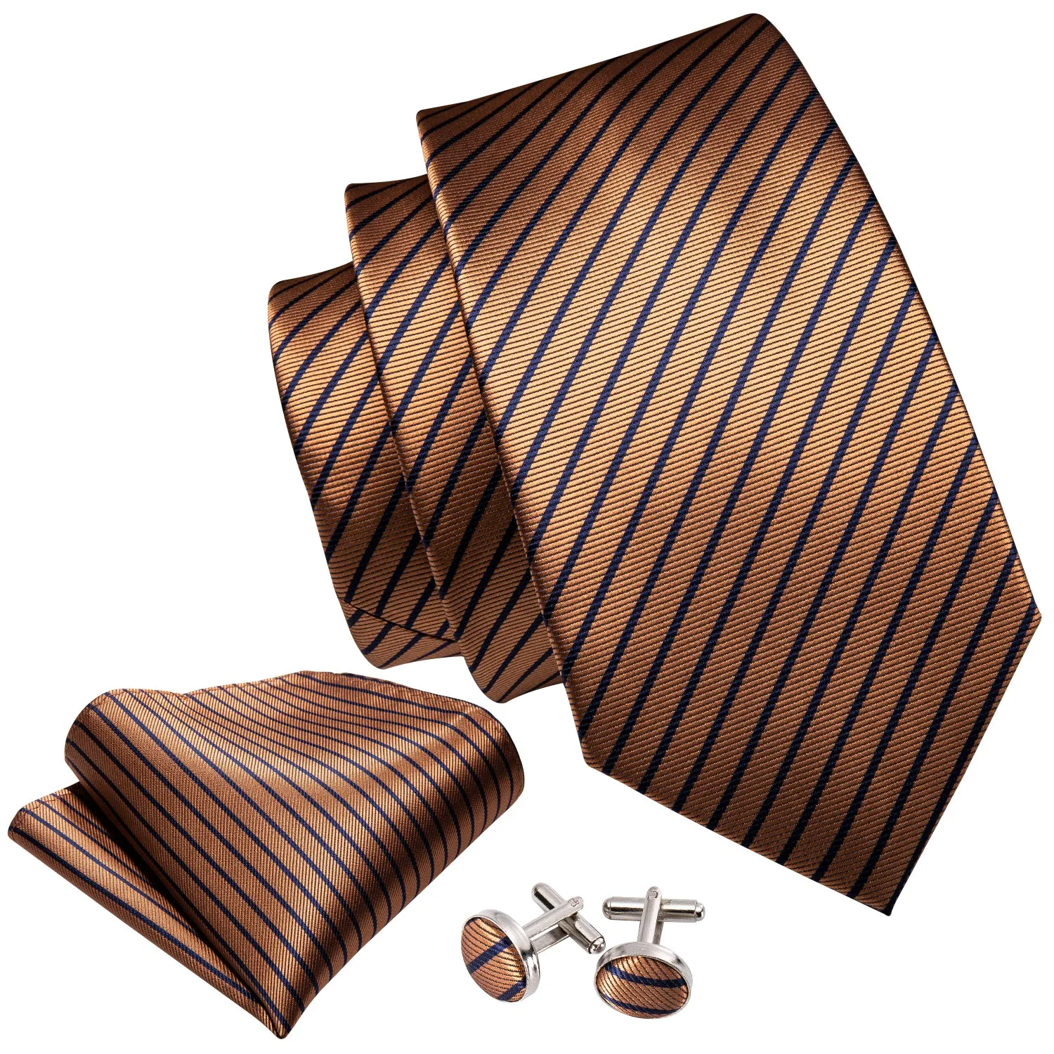 Barry Wang Brown Stripe Men's Tie Alloy Lapel Pin Brooch Silk Tie Set