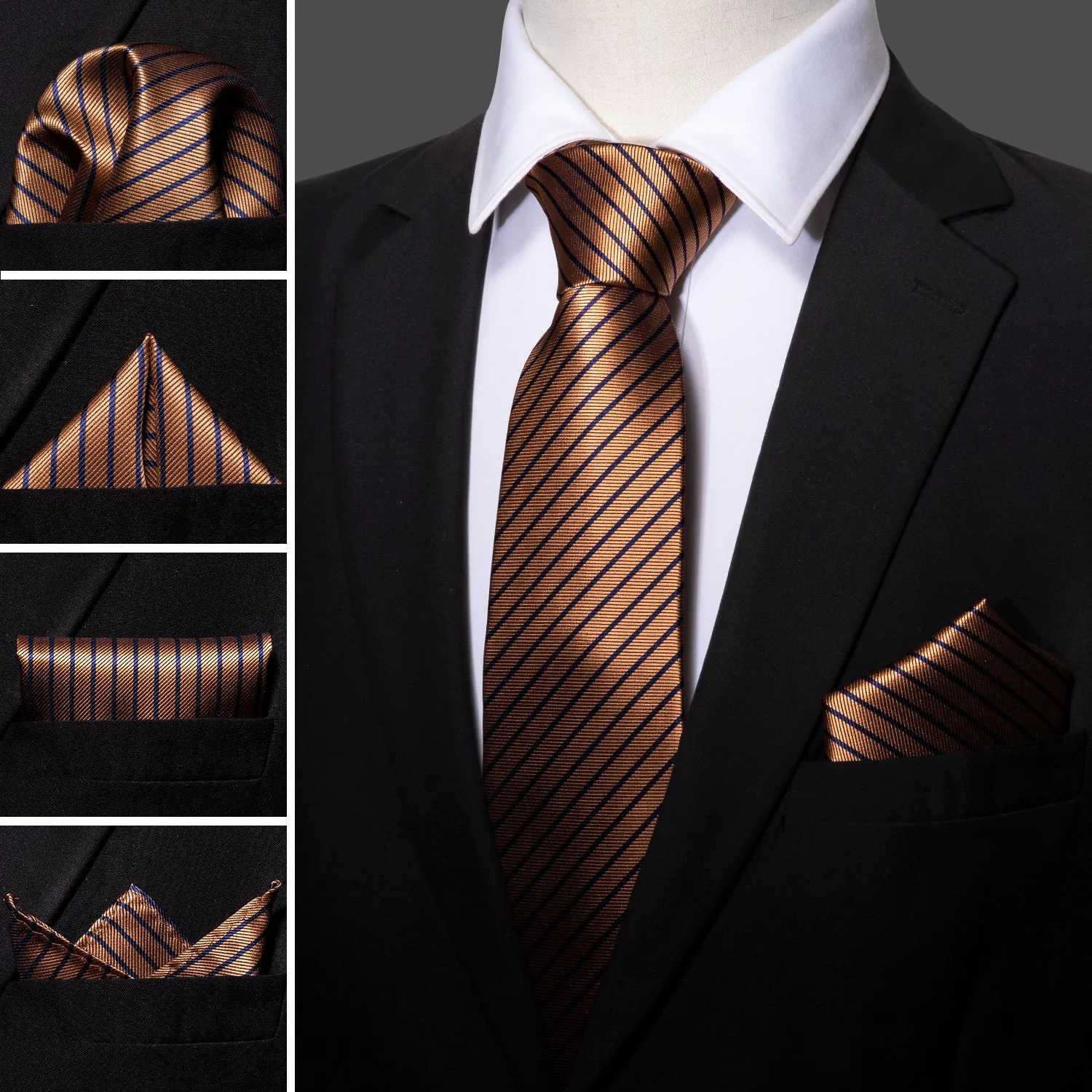 Barry Wang Brown Stripe Men's Tie Alloy Lapel Pin Brooch Silk Tie Set