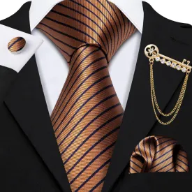 Barry Wang Brown Stripe Men's Tie Alloy Lapel Pin Brooch Silk Tie Set