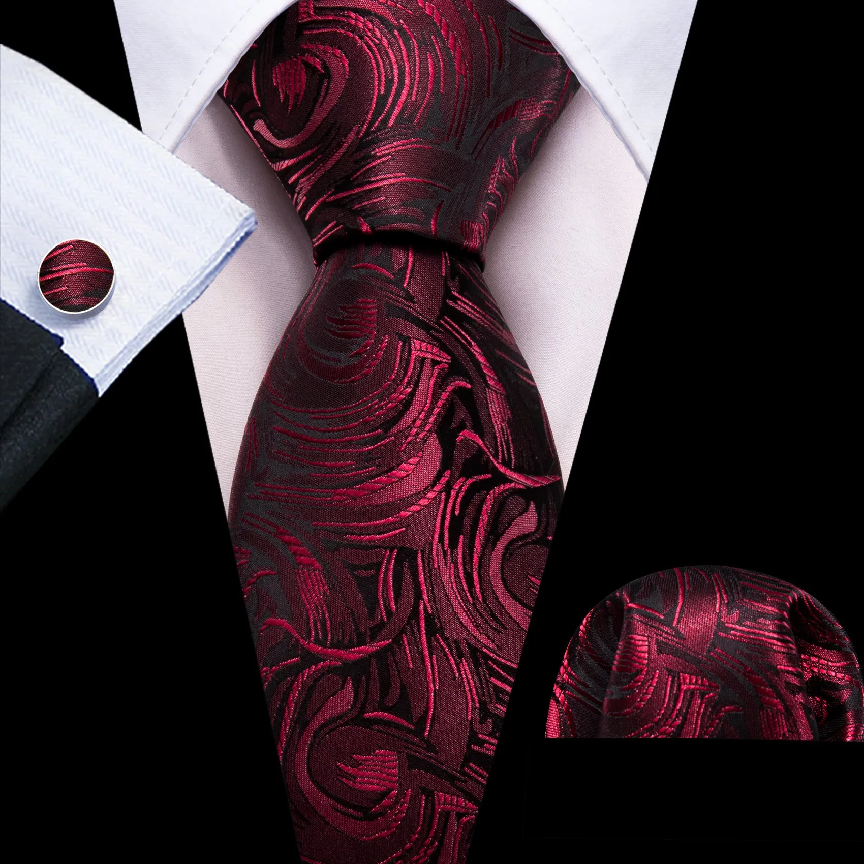 Barry Wang Burgundy Red Paisley Silk Tie Pocket Square Cufflinks Set