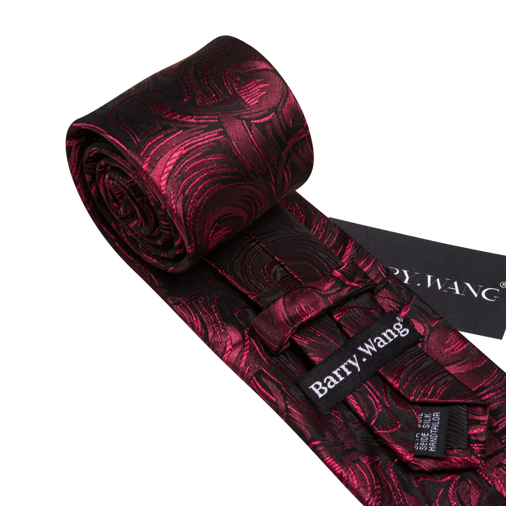 Barry Wang Burgundy Red Paisley Silk Tie Pocket Square Cufflinks Set