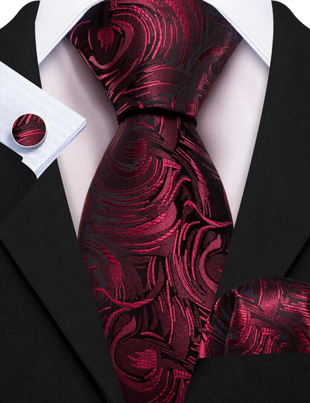 Barry Wang Burgundy Red Paisley Silk Tie Pocket Square Cufflinks Set