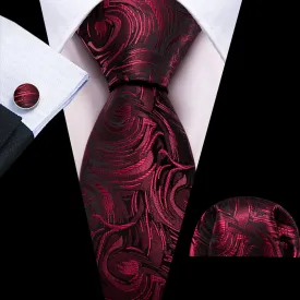 Barry Wang Burgundy Red Paisley Silk Tie Pocket Square Cufflinks Set