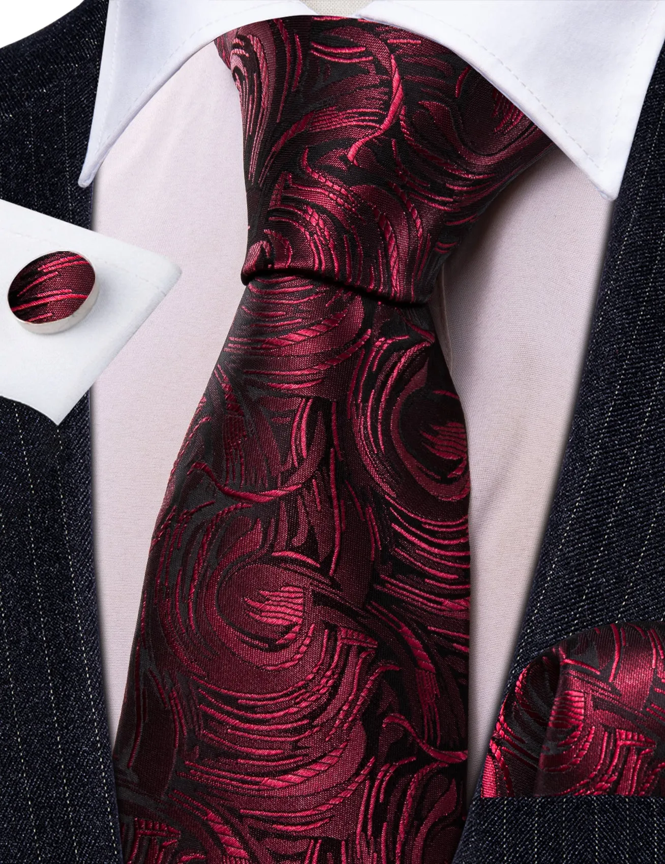 Barry Wang Burgundy Red Paisley Silk Tie Pocket Square Cufflinks Set