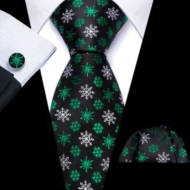 Barry Wang Christmas Tie Black Green White Snowflake Silk Necktie Set