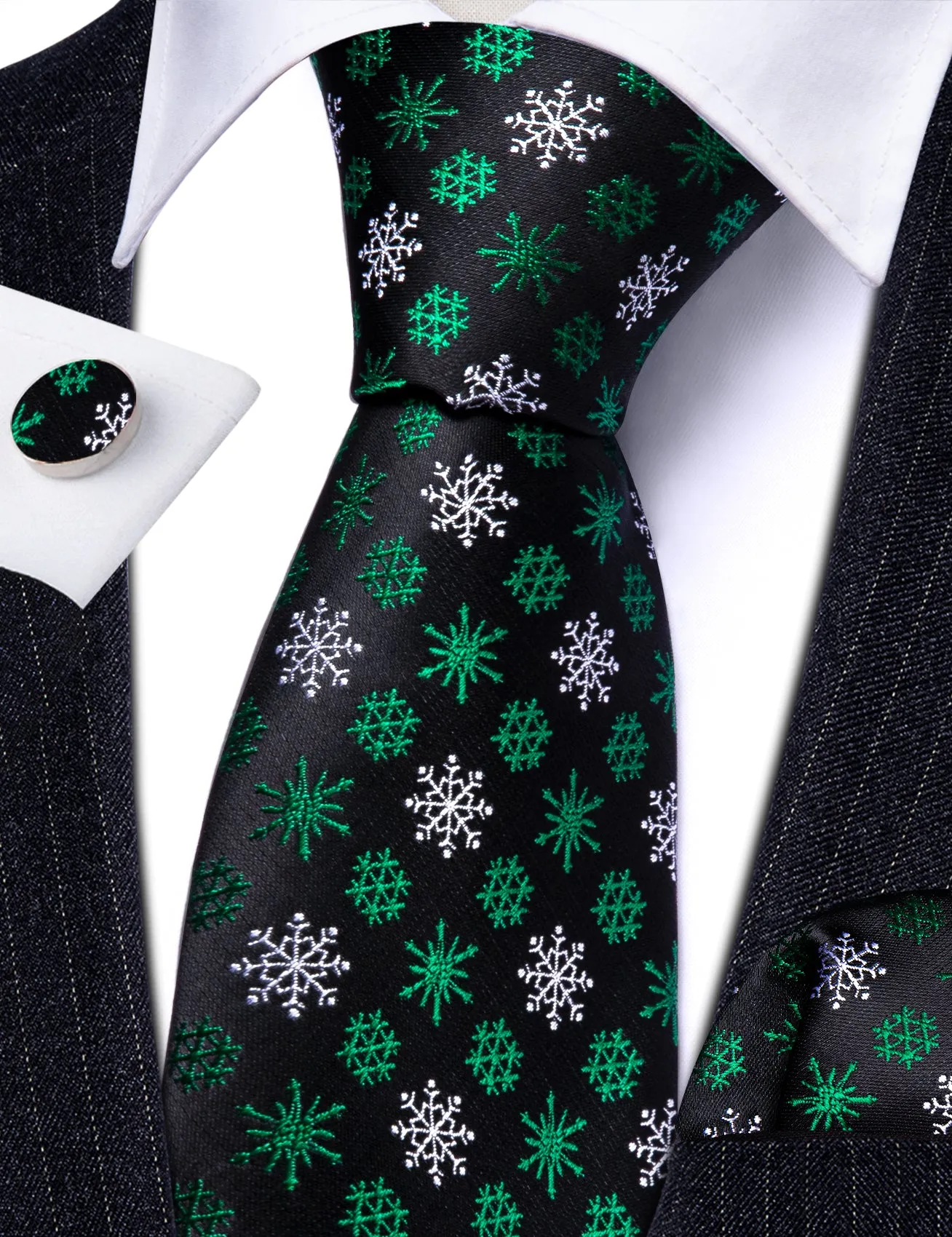 Barry Wang Christmas Tie Black Green White Snowflake Silk Necktie Set