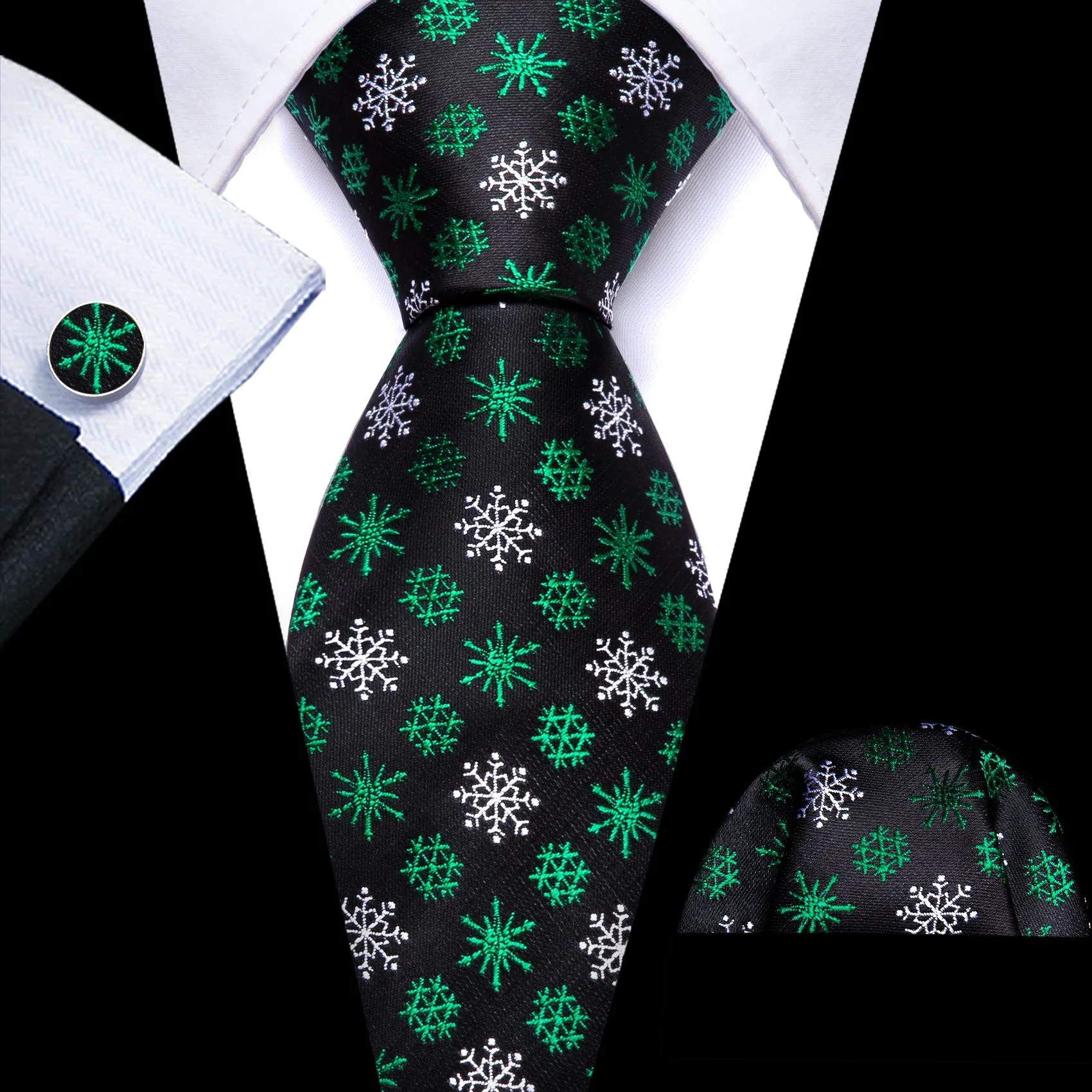 Barry Wang Christmas Tie Black Green White Snowflake Silk Necktie Set
