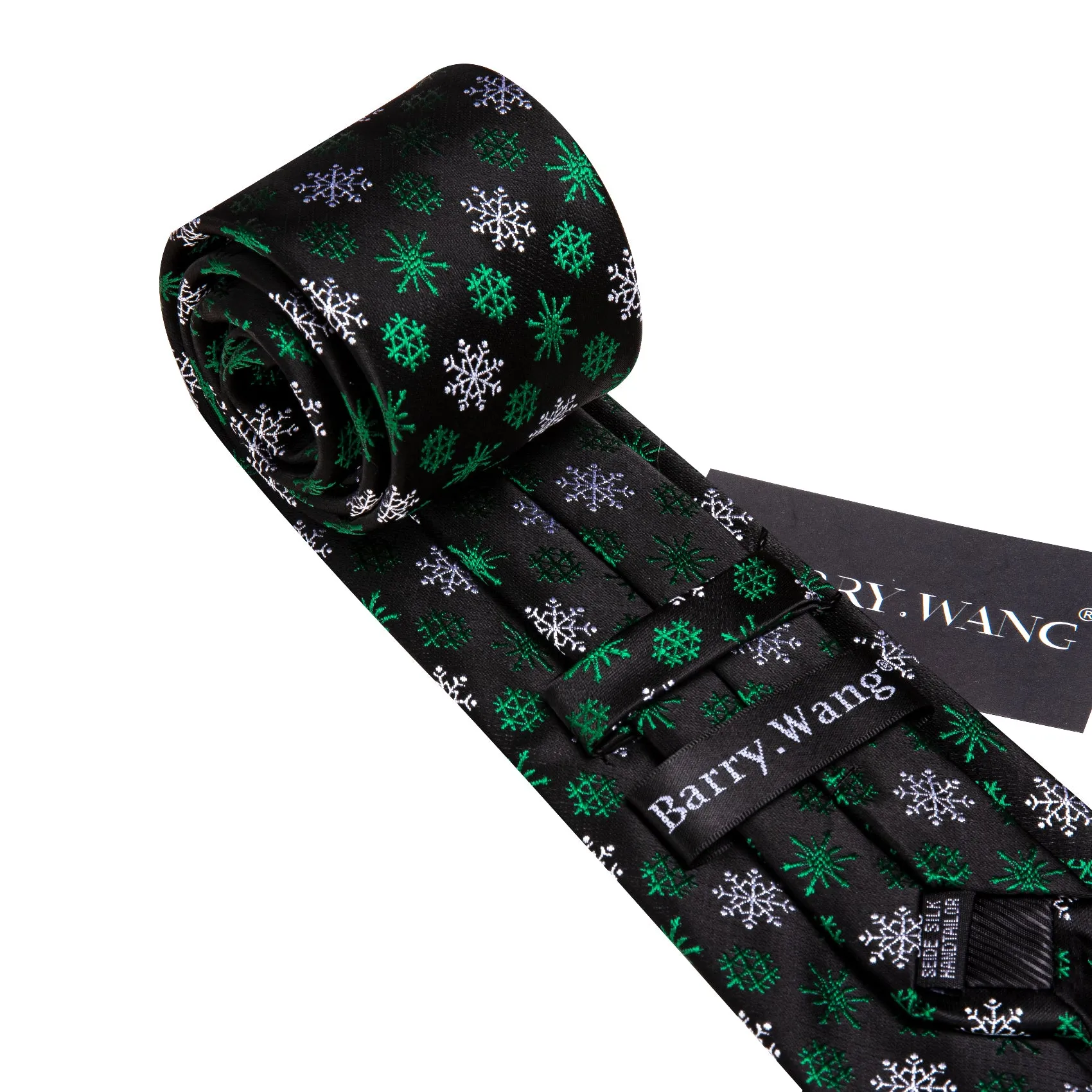 Barry Wang Christmas Tie Black Green White Snowflake Silk Necktie Set