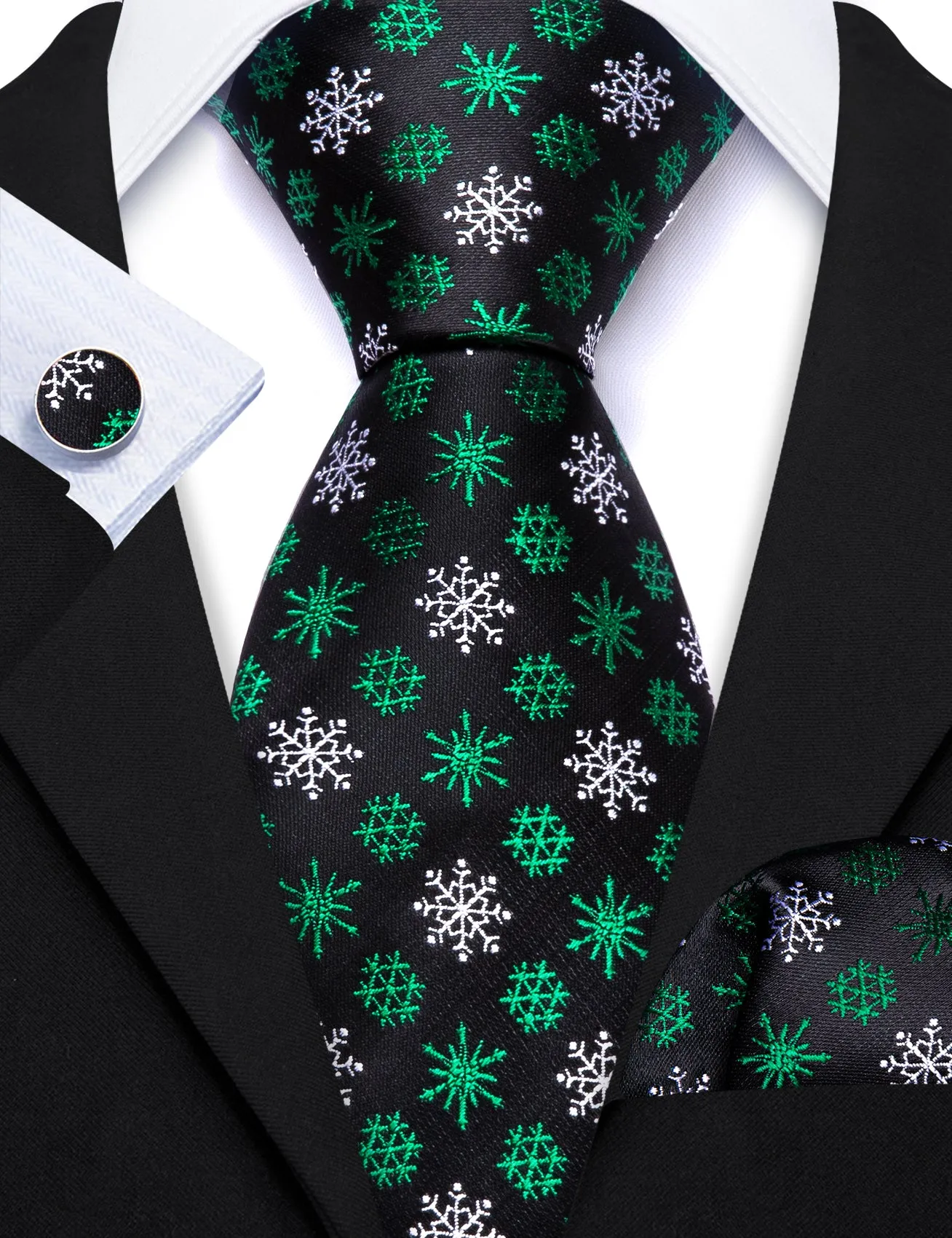 Barry Wang Christmas Tie Black Green White Snowflake Silk Necktie Set