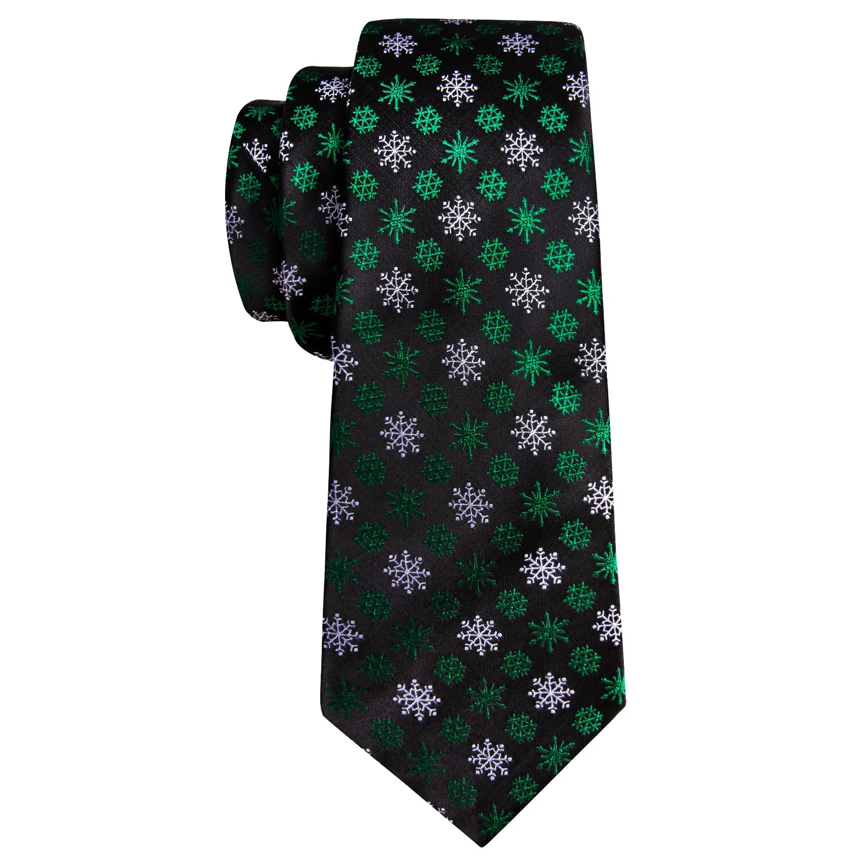 Barry Wang Christmas Tie Black Green White Snowflake Silk Necktie Set