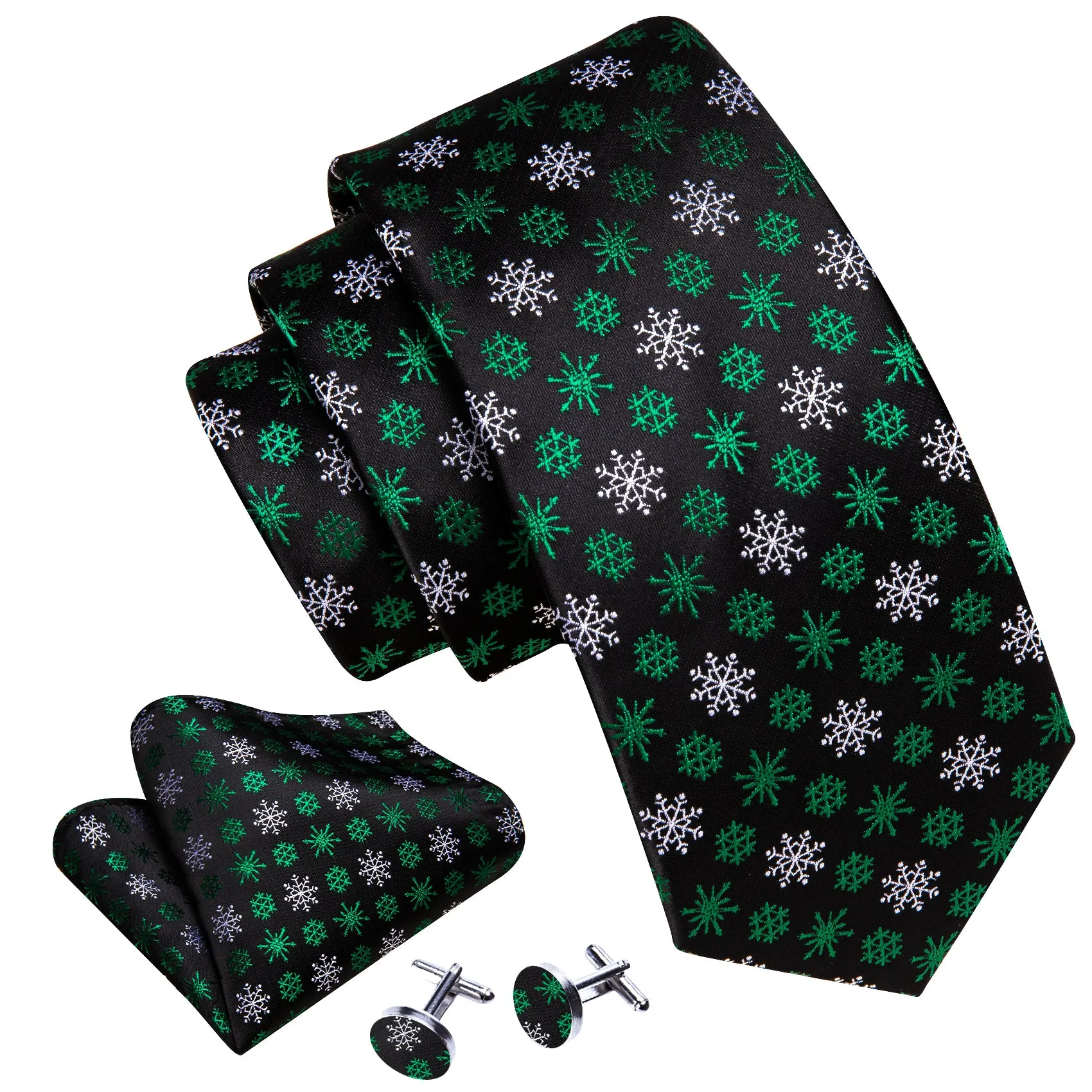 Barry Wang Christmas Tie Black Green White Snowflake Silk Necktie Set