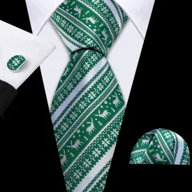 Barry Wang Christmas Tie Green White Elk Men's Striped Tie Handkerchief Cufflinks Set
