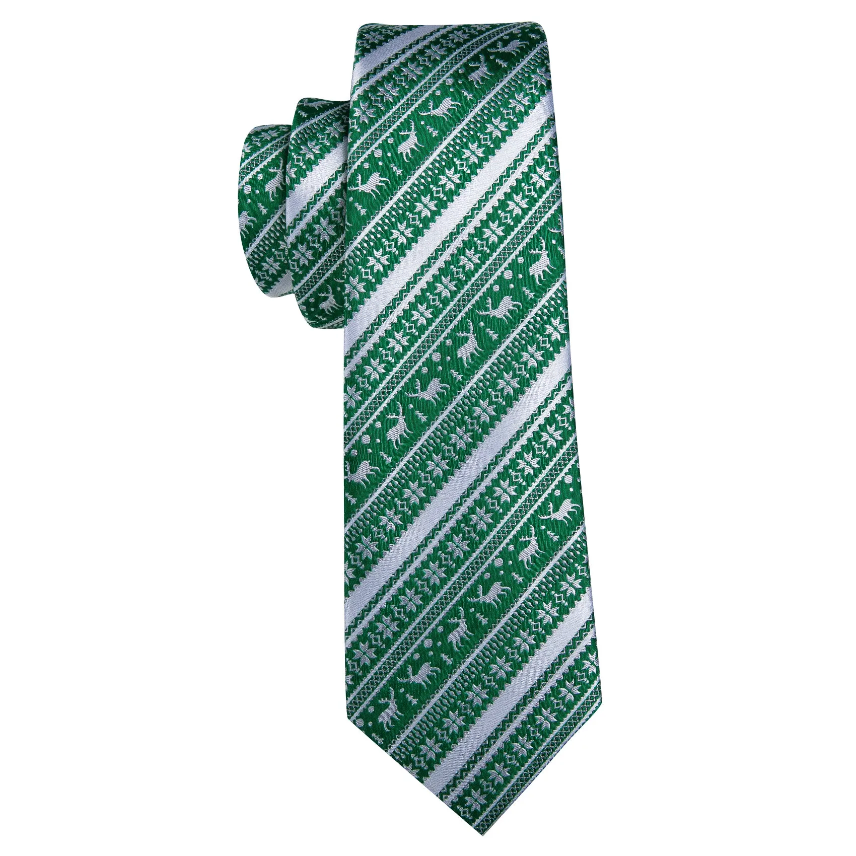 Barry Wang Christmas Tie Green White Elk Men's Striped Tie Handkerchief Cufflinks Set