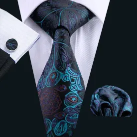Barry Wang Cyan Black Paisley Silk Men Tie Pocket Square Cufflinks Set
