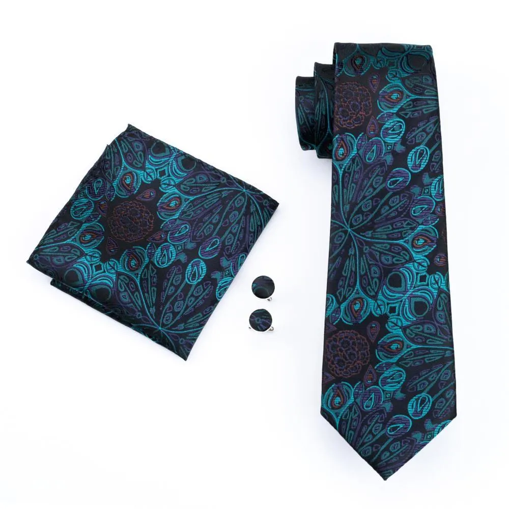 Barry Wang Cyan Black Paisley Silk Men Tie Pocket Square Cufflinks Set