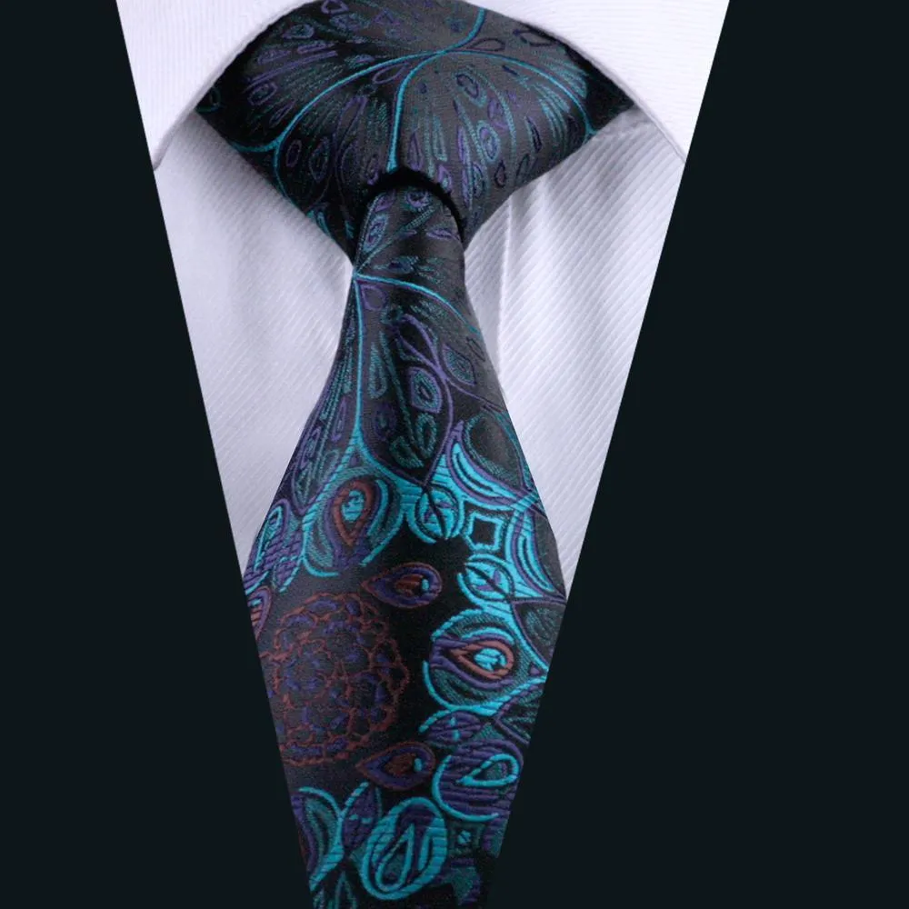 Barry Wang Cyan Black Paisley Silk Men Tie Pocket Square Cufflinks Set