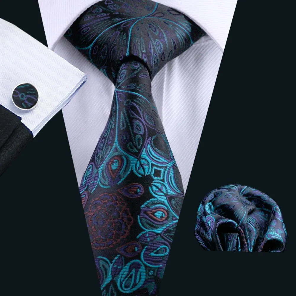 Barry Wang Cyan Black Paisley Silk Men Tie Pocket Square Cufflinks Set
