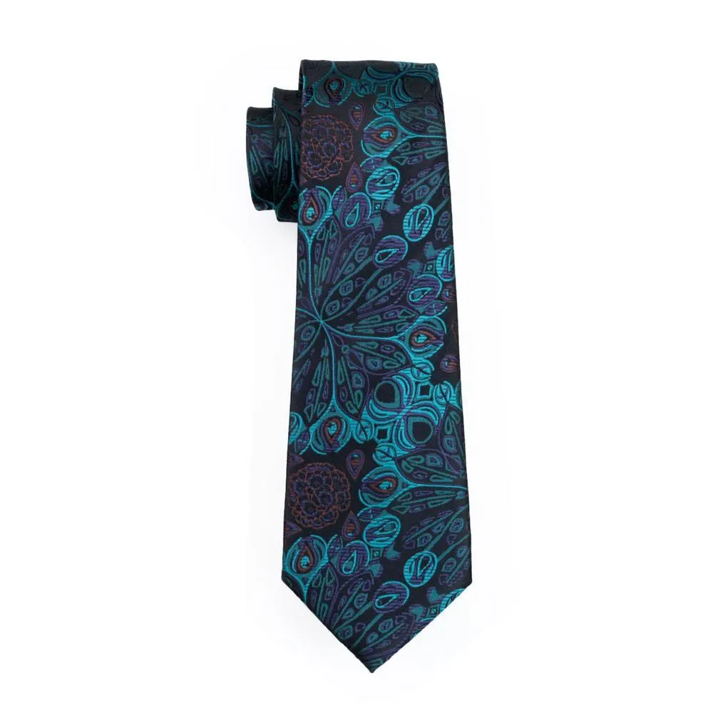 Barry Wang Cyan Black Paisley Silk Men Tie Pocket Square Cufflinks Set