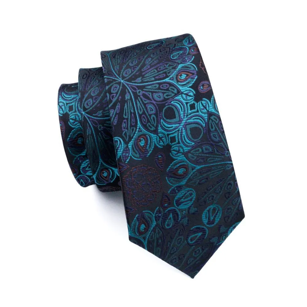 Barry Wang Cyan Black Paisley Silk Men Tie Pocket Square Cufflinks Set