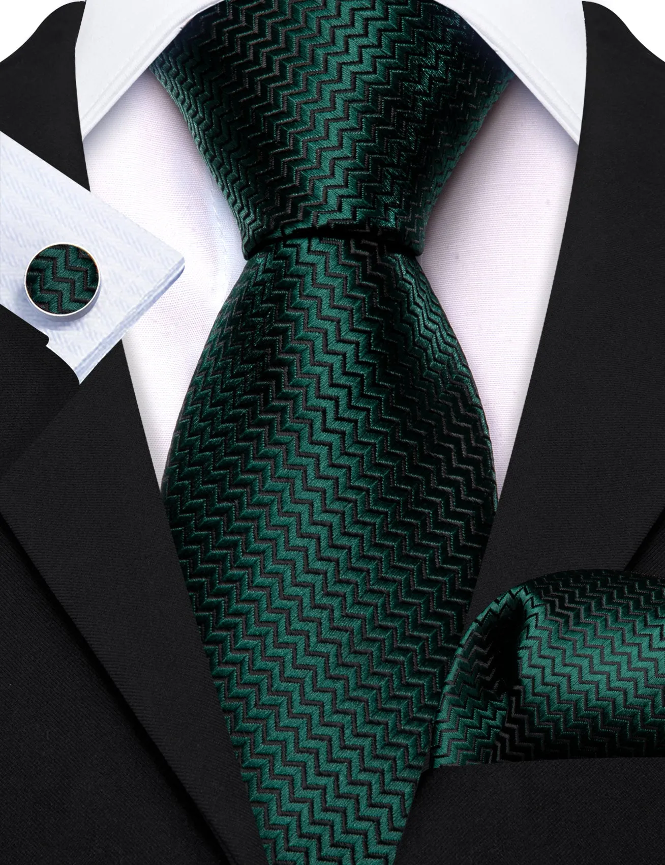 Barry Wang Dark Green Silk 63 Inches Extra Long Tie Pocket Square Cufflinks Set