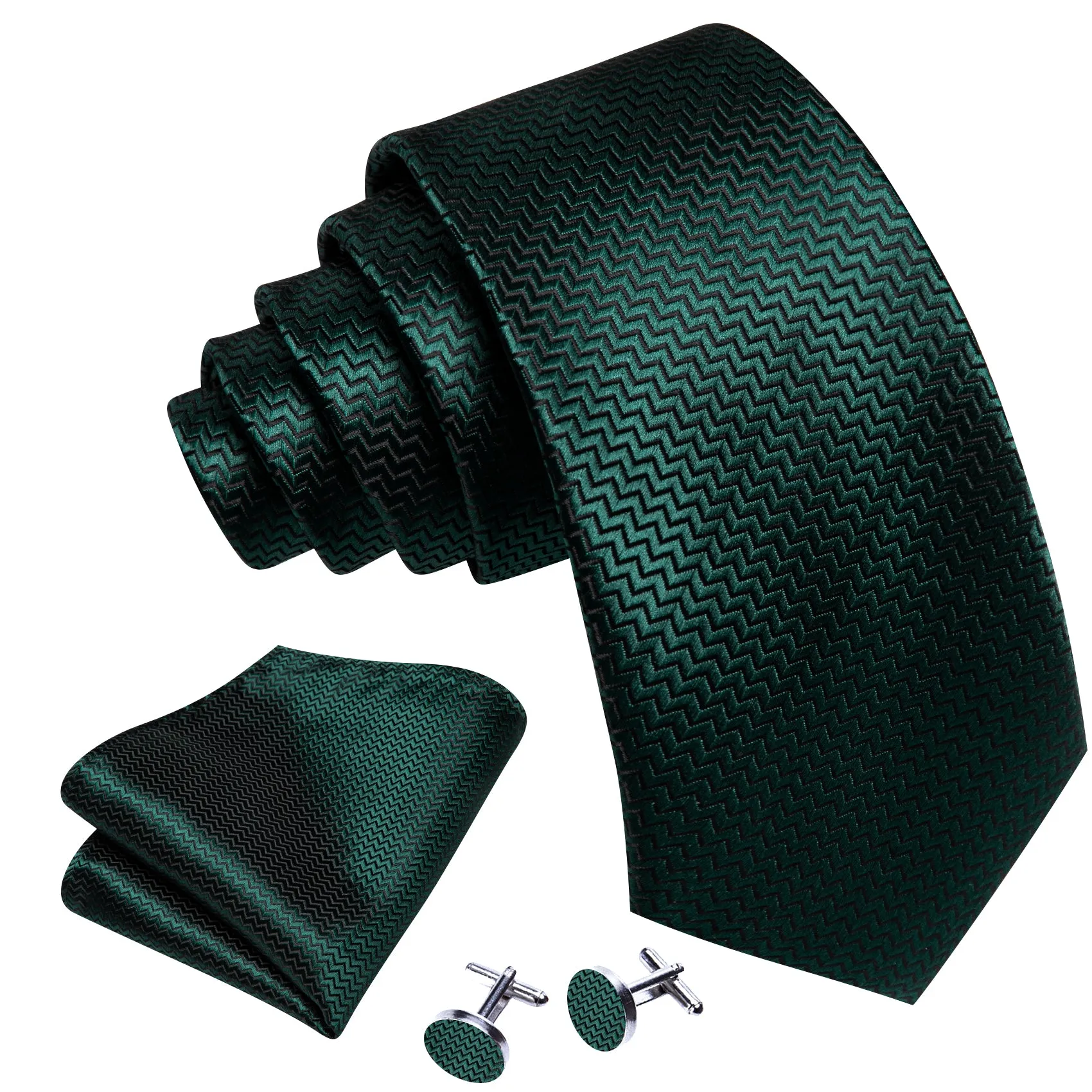 Barry Wang Dark Green Silk 63 Inches Extra Long Tie Pocket Square Cufflinks Set