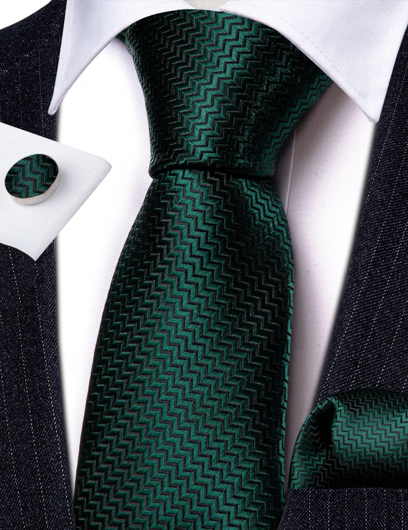 Barry Wang Dark Green Silk 63 Inches Extra Long Tie Pocket Square Cufflinks Set