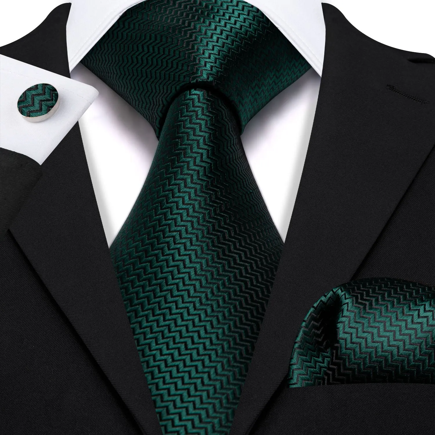 Barry Wang Dark Green Silk 63 Inches Extra Long Tie Pocket Square Cufflinks Set
