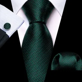Barry Wang Dark Green Silk 63 Inches Extra Long Tie Pocket Square Cufflinks Set