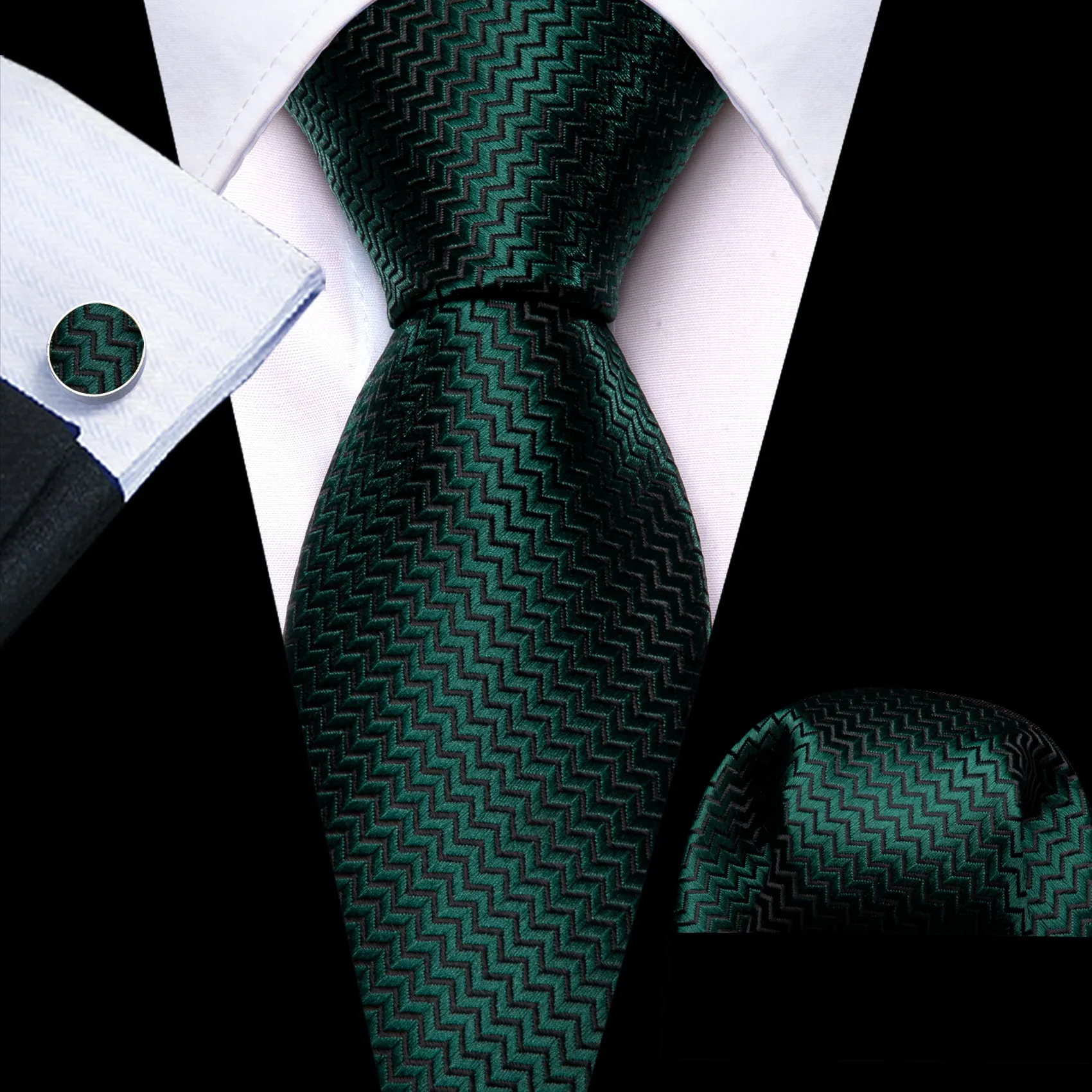 Barry Wang Dark Green Silk 63 Inches Extra Long Tie Pocket Square Cufflinks Set