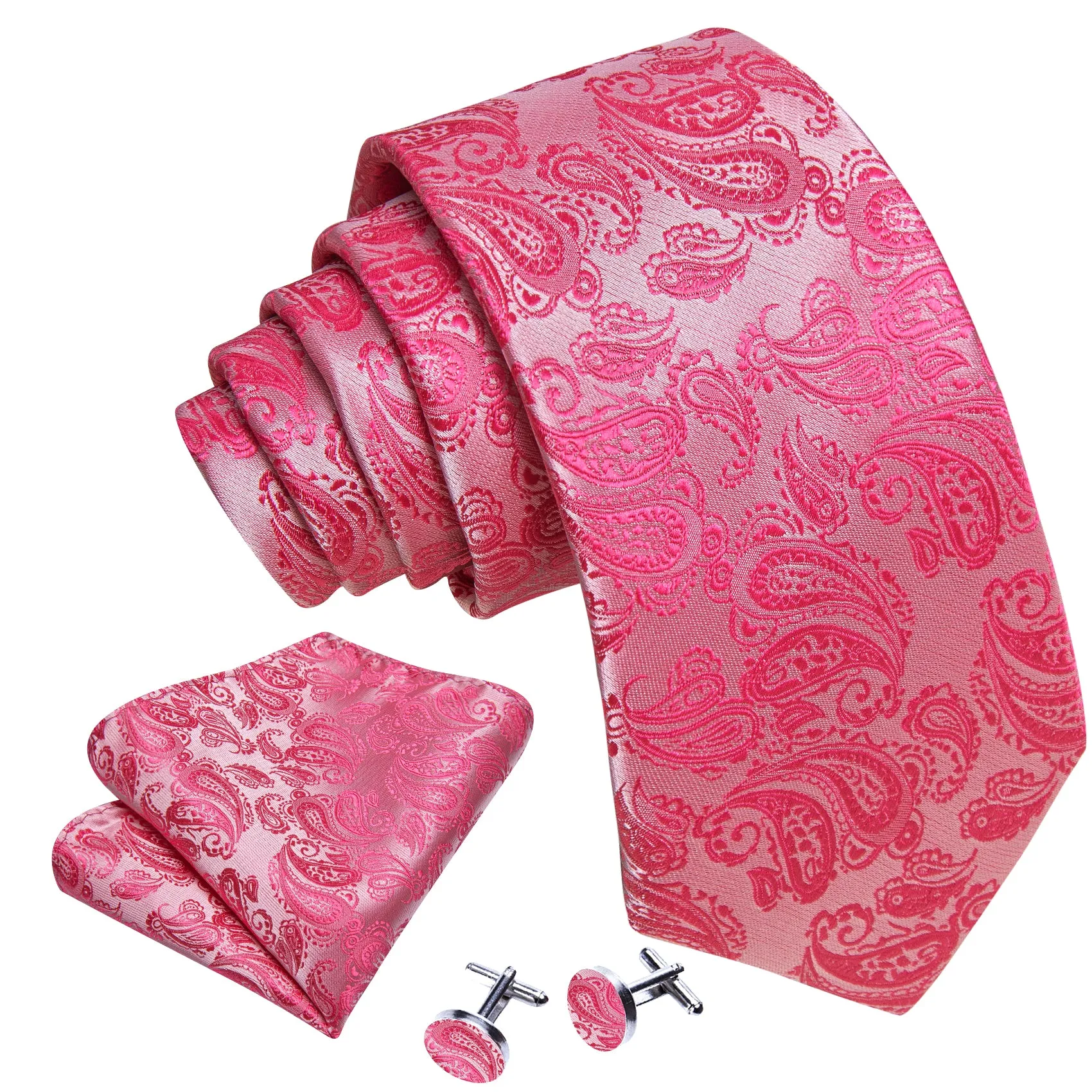Barry Wang Deep Pink Paisley 63" Extra Long Tie Hanky Cufflinks Set