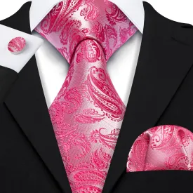Barry Wang Deep Pink Paisley 63" Extra Long Tie Hanky Cufflinks Set