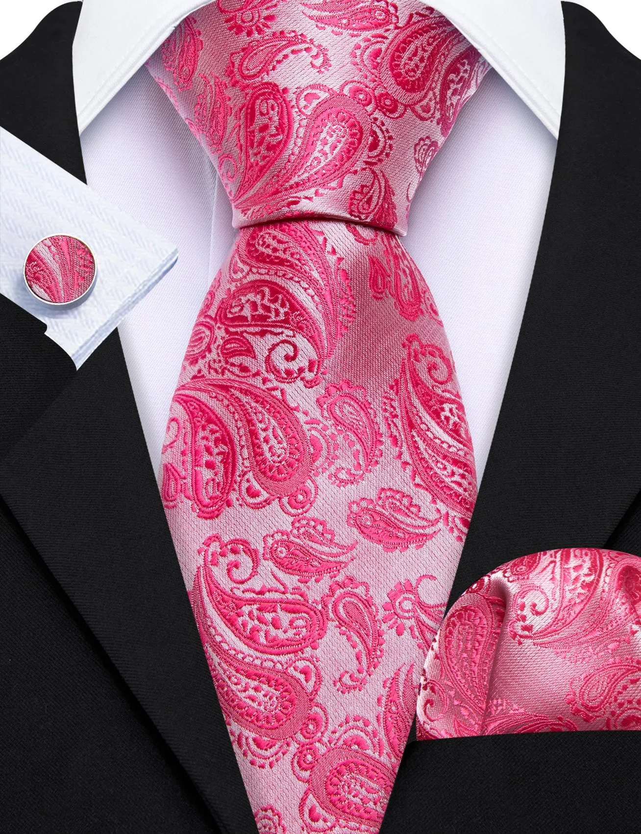 Barry Wang Deep Pink Paisley 63" Extra Long Tie Hanky Cufflinks Set
